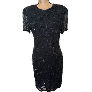 Vintage 80s Night Line Beaded Shift Dress 100% Silk Black‎ Modern Size Small